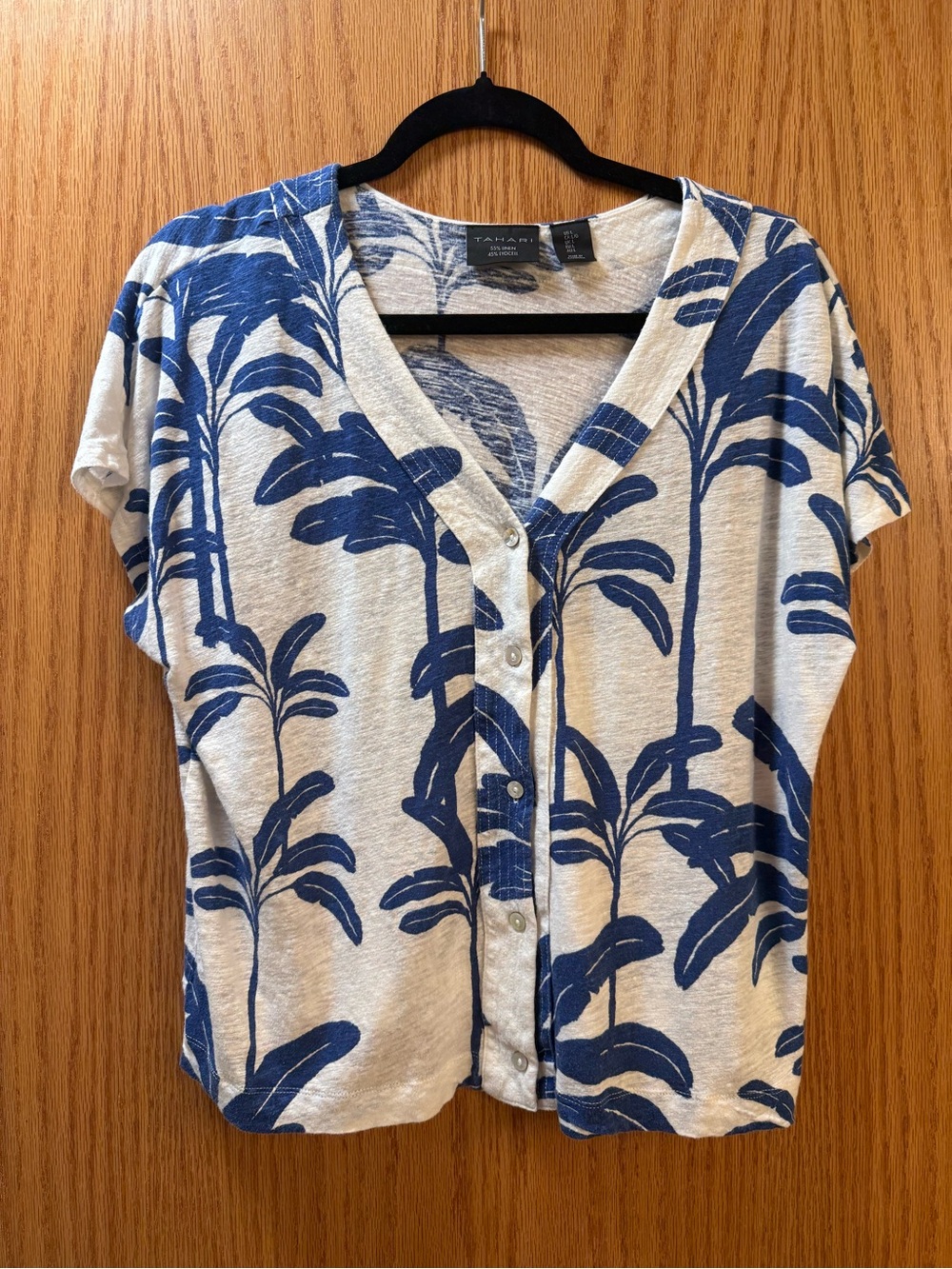 Tahari Floral Linen Blend Blouse Blue & Cream Large Like New